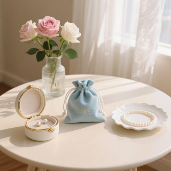 JPD001 Small Light Blue Velvet Jewelry Pouches 3