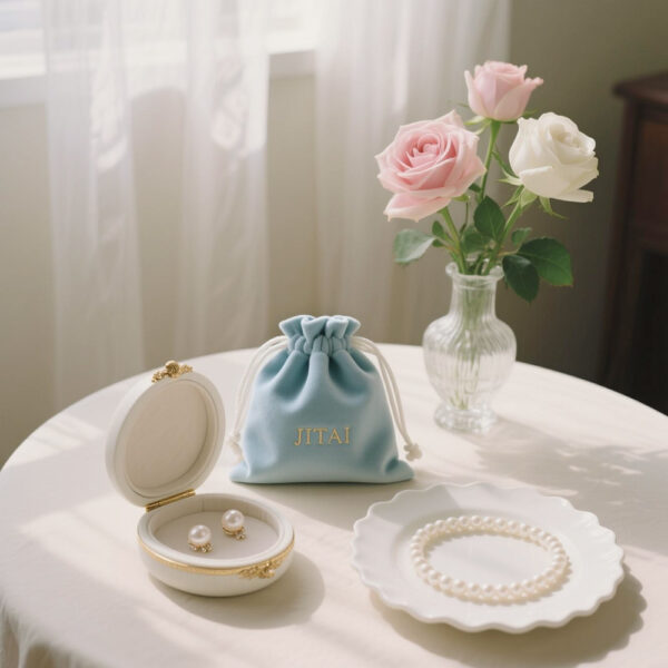JPD001 Small Light Blue Velvet Jewelry Pouches 4